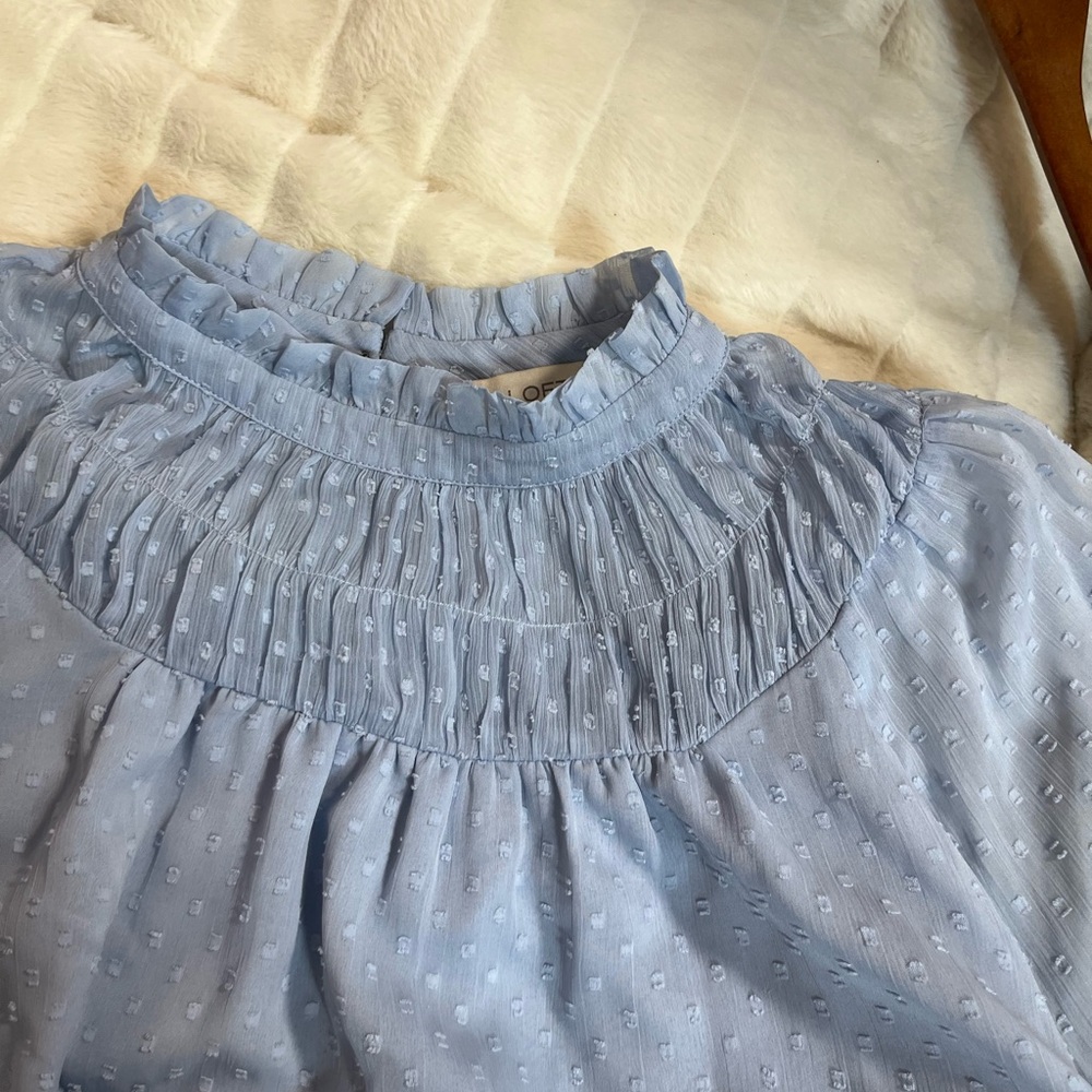 LOFT L Powder Light Blue Swiss Dot Sheer Sleeve Office Blouse Spring Summer City - Picture 12 of 12